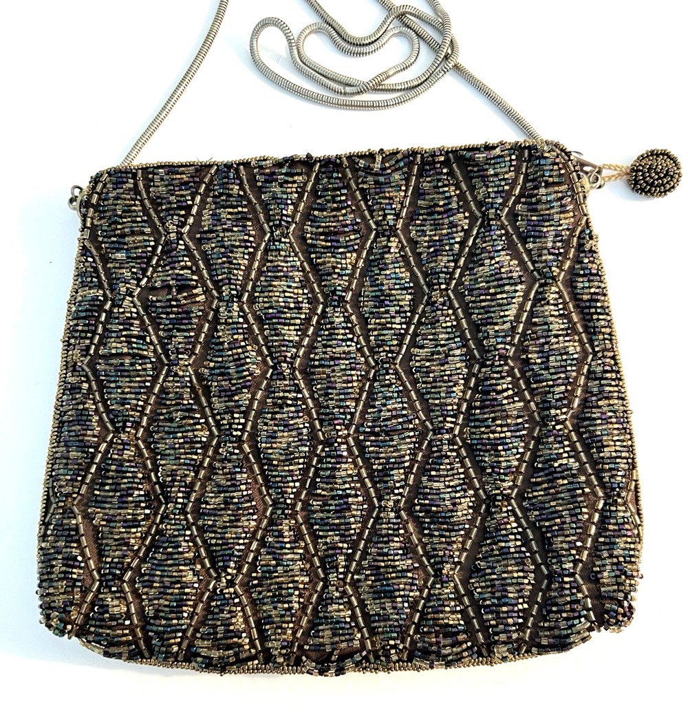 Genie Beaded Handbag Purse Crossbody Chain Strap Bronze Purple Gold M/I Korea